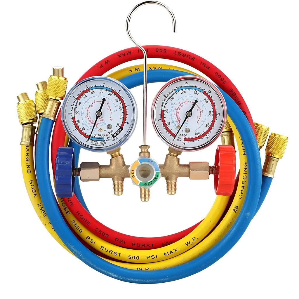 Refrigerant instrument cluster with hose hook, 7cm brass manifold, yellow and red colour-coded valves