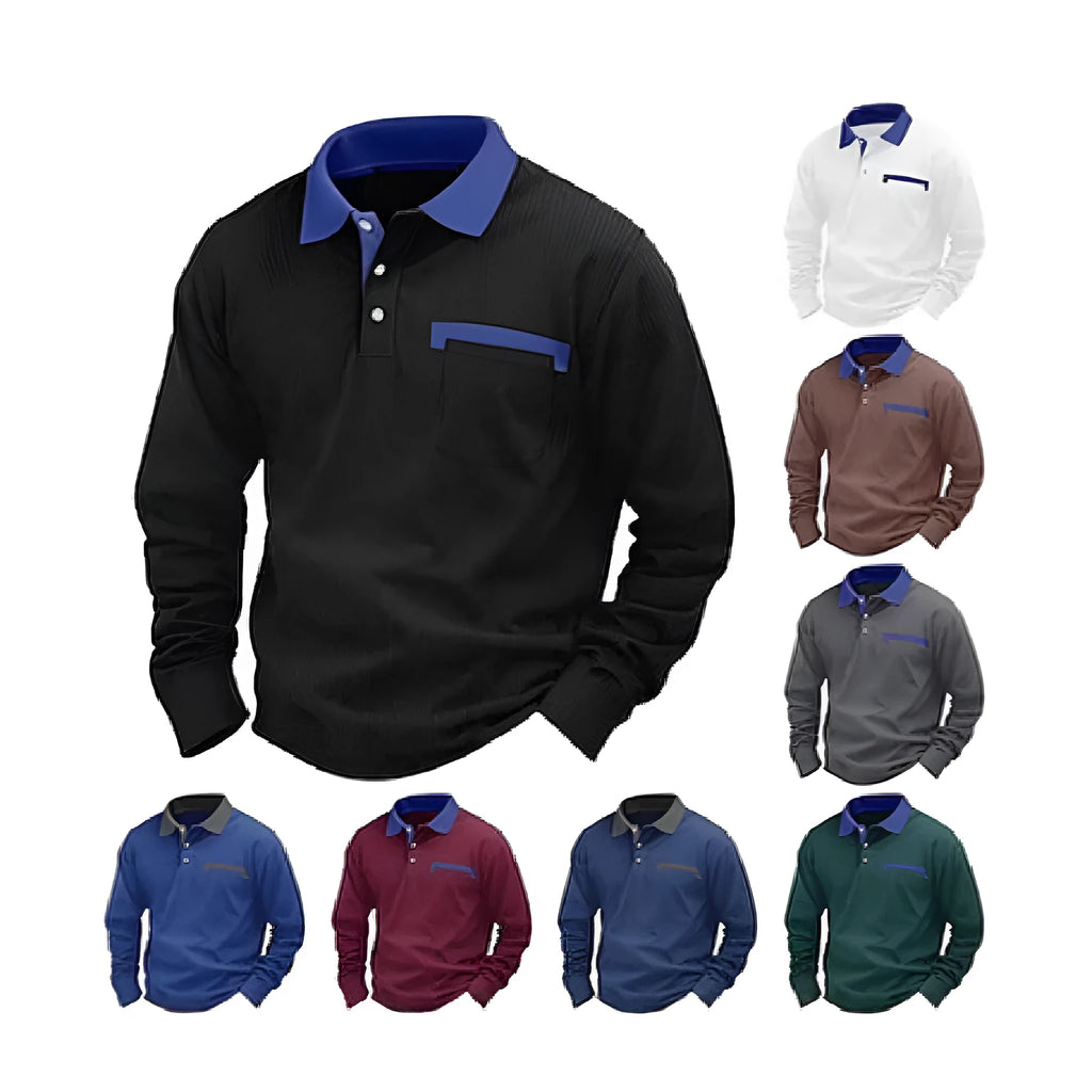 Men's long-sleeved waffle knit polo shirt in a solid colour with a loose, retro fit.