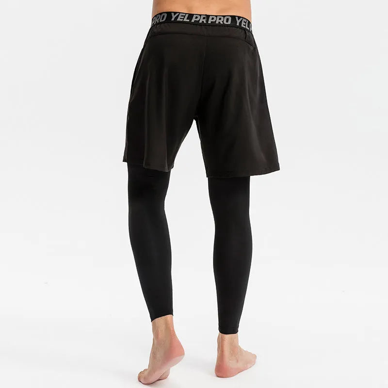 Men's grey quick-drying high elastic tight sports pants for running and fitness.