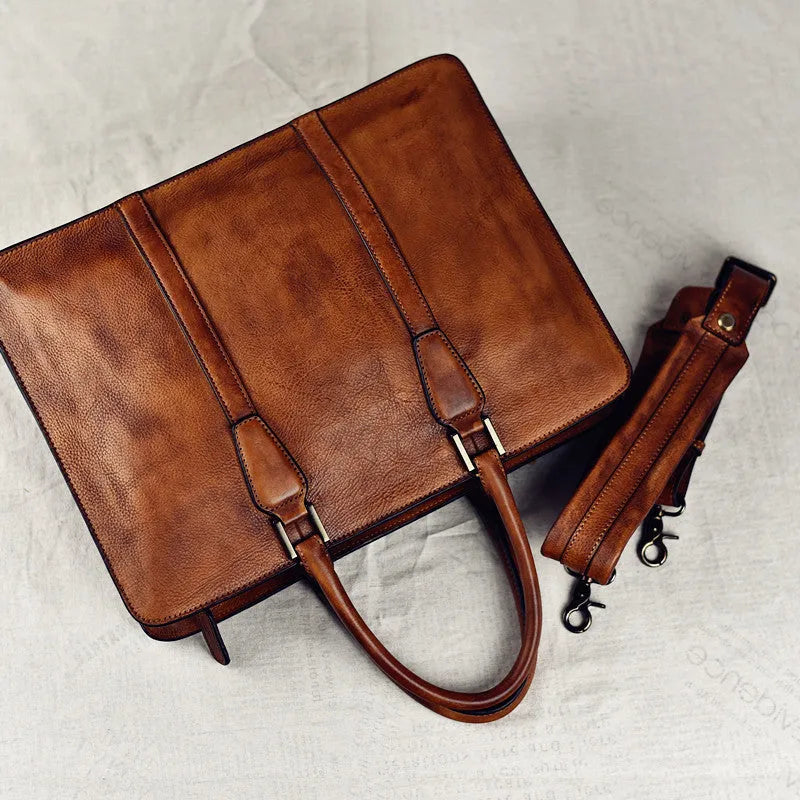 Men's khaki vegetable tanned leather horizontal square handbag with zipper