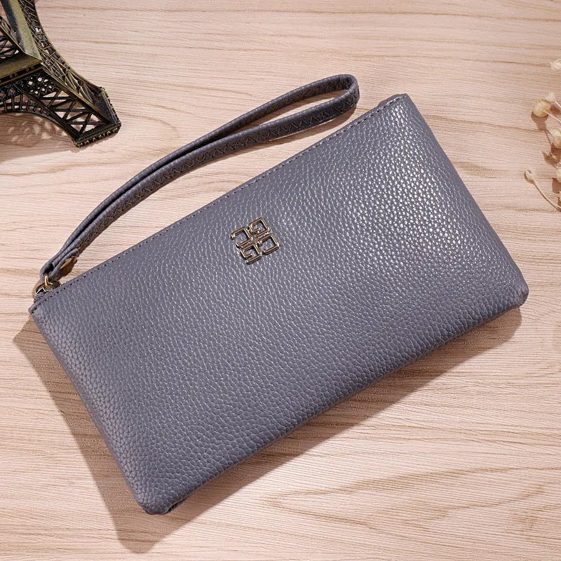 Long 55-inch PU leather wallet handbag with zipper closure in solid colour