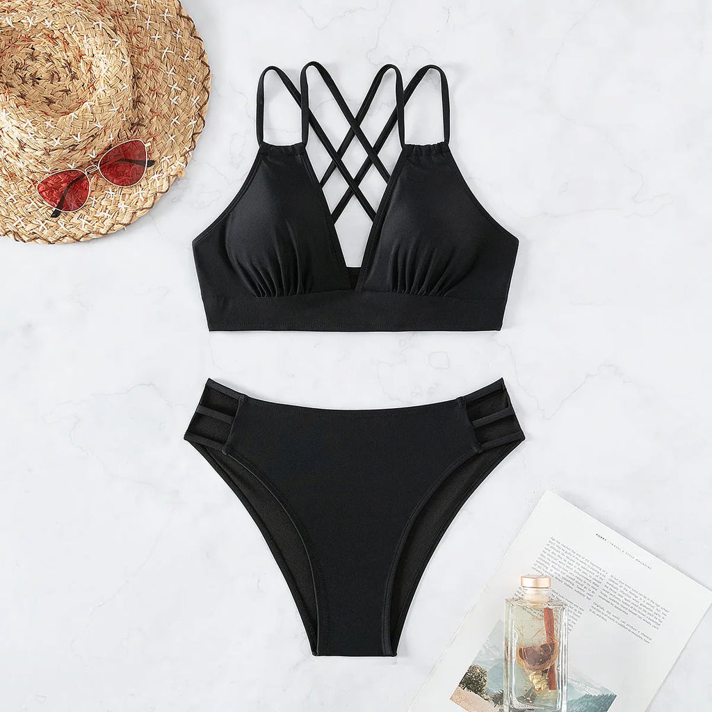 Women's V-neck halter bikini with split shorts in one of six colour options.