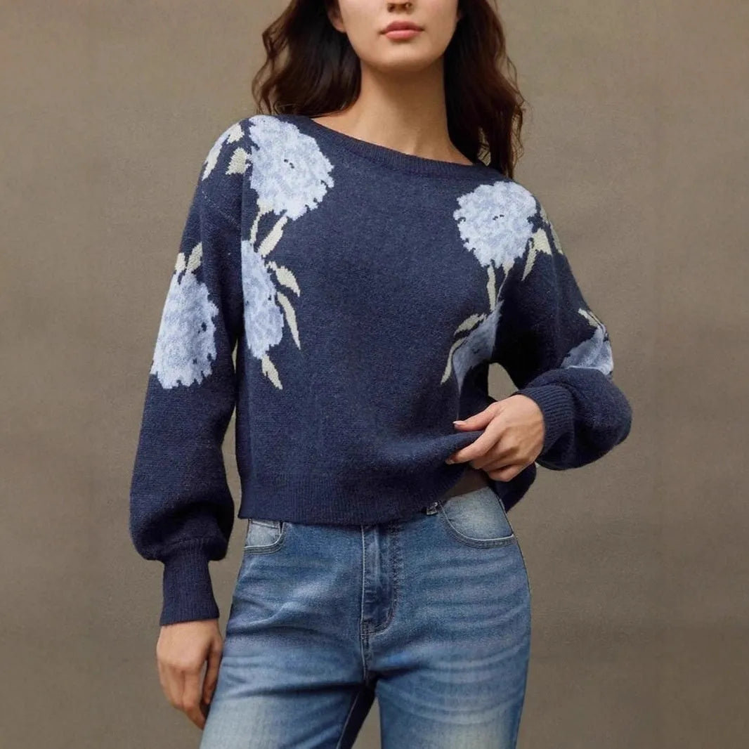Sapphire Blue women's pullover sweater with flower jacquard pattern and loose casual fit