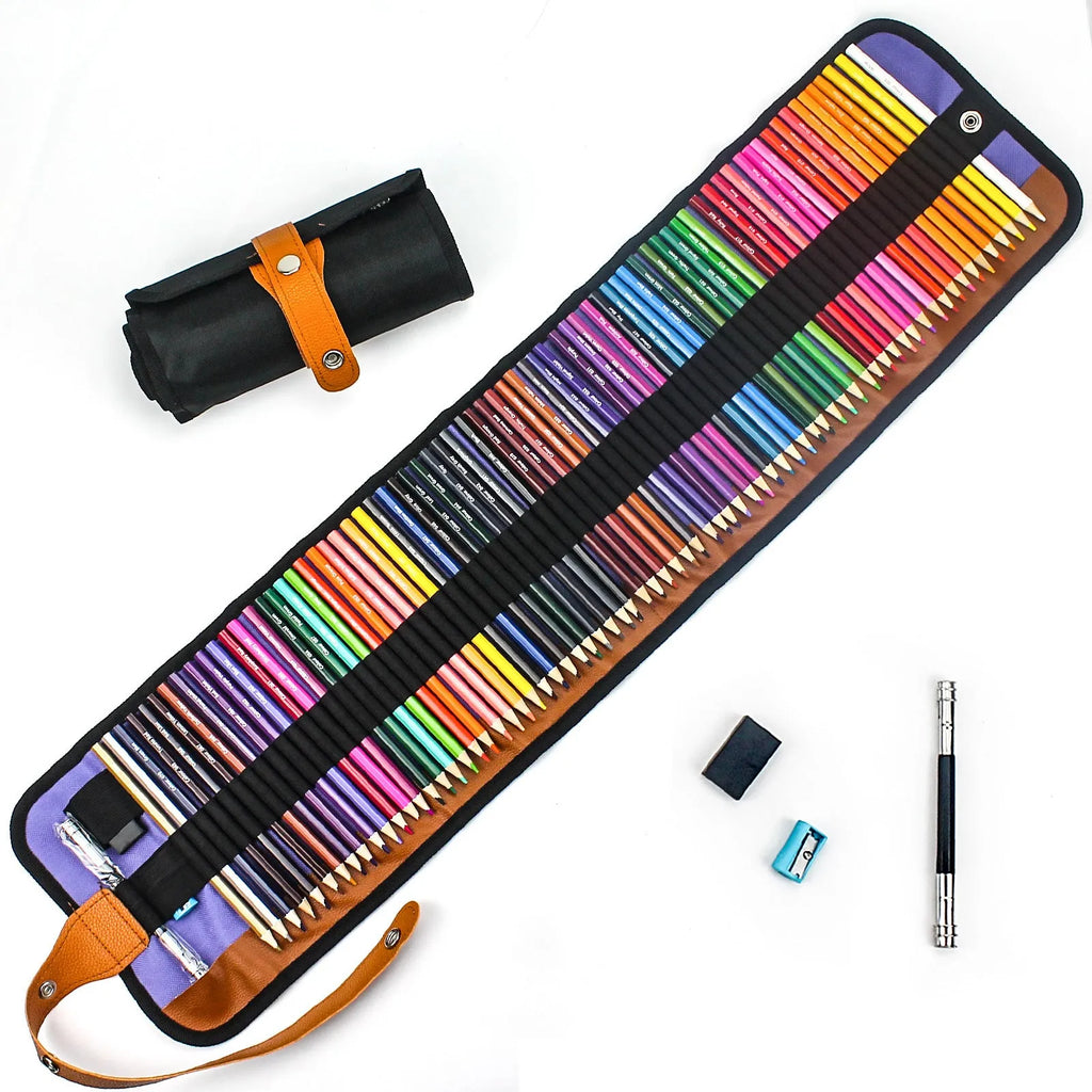 Set of fifty wooden coloured pencils in assorted colours stored in a brown rectangular case.