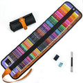 Set of fifty wooden coloured pencils in assorted colours stored in a brown rectangular case.
