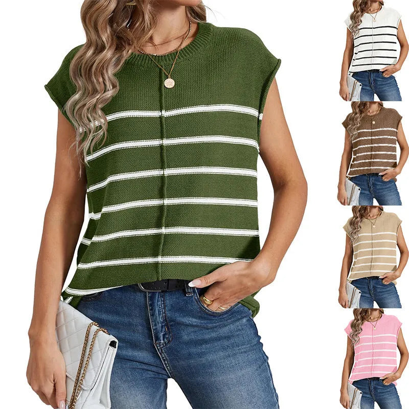 Women's striped sleeveless pullover vest in acrylic fabric, shown in multiple colour options.