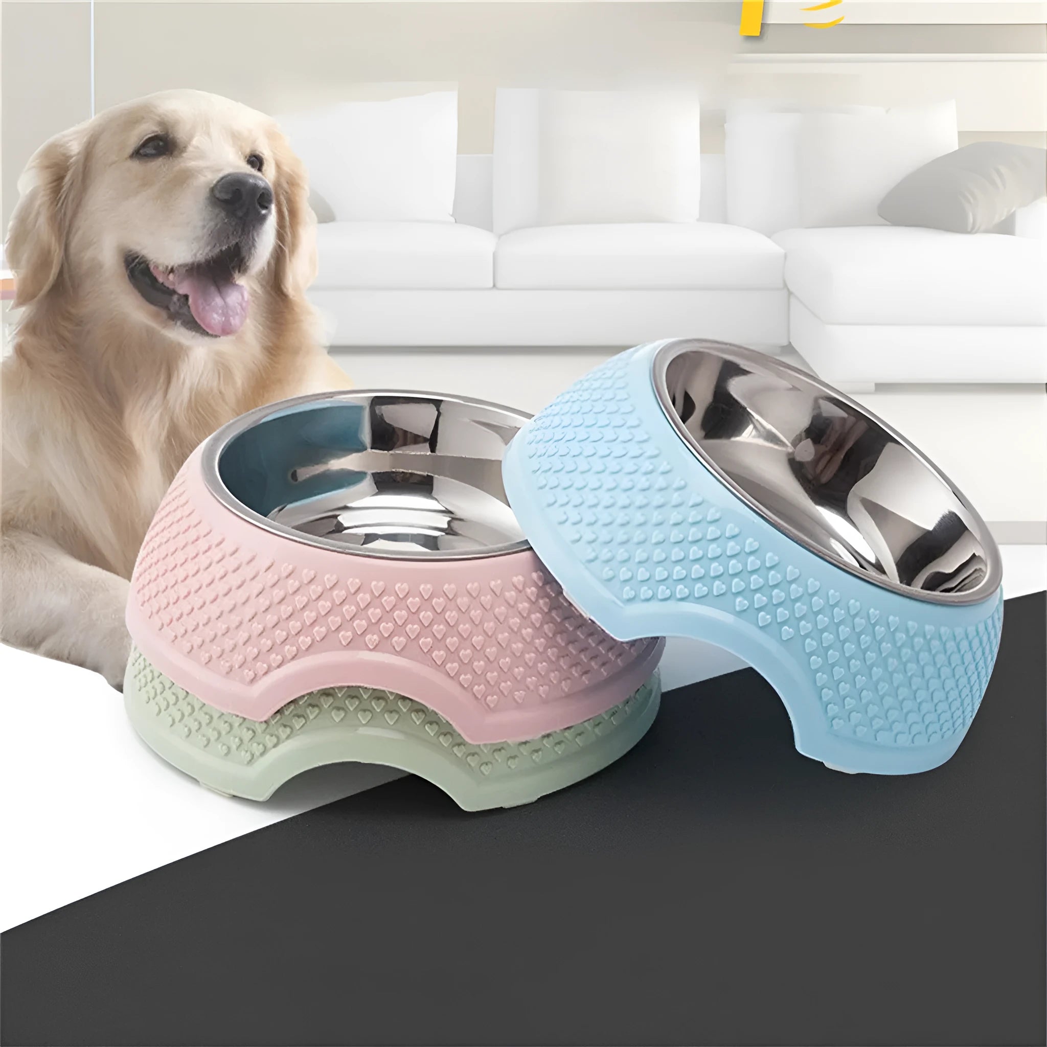 Blue stainless steel pet bowl with non-slip base for cats and dogs on a floor