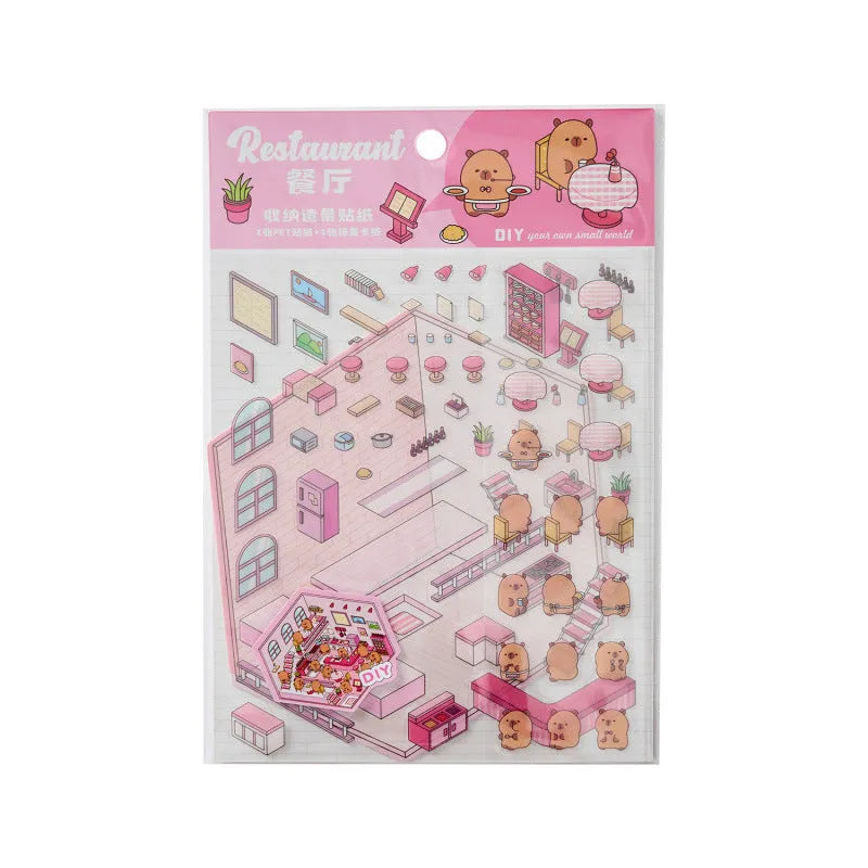 Pack of cut-free three-dimensional PET stickers in eight cartoon shop themes including bakery, bookstore, and fruit shop designs.