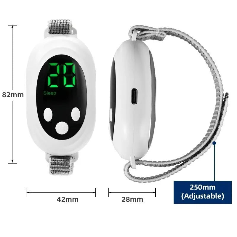 White insomnia help device with handheld remote control, sleep bracelet attachment, and USB charging cable