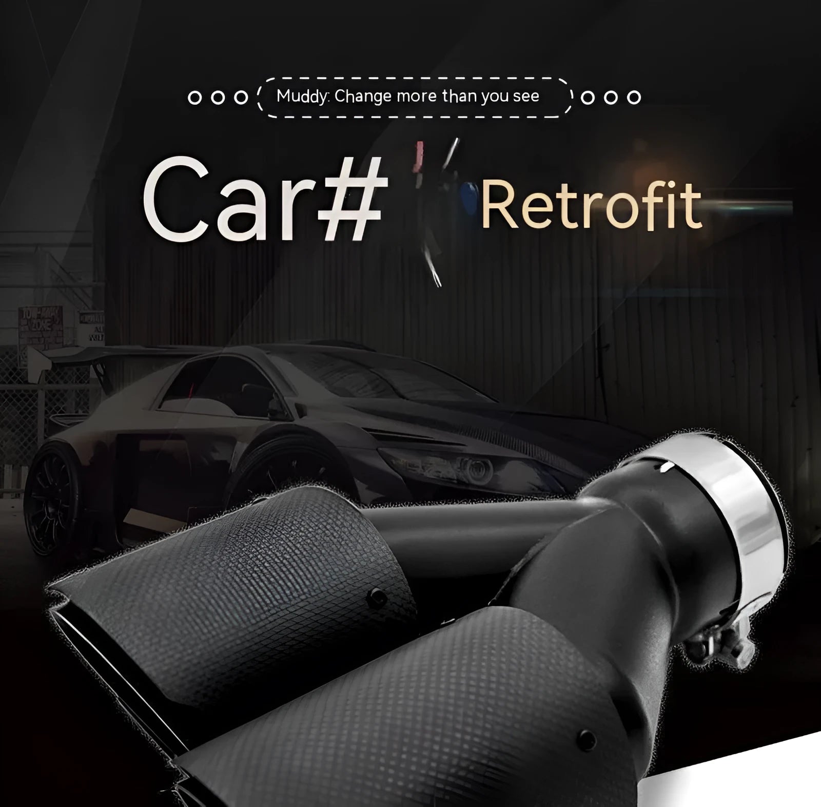 Black carbon fibre car exhaust pipe with dual outlet nozzle tail design