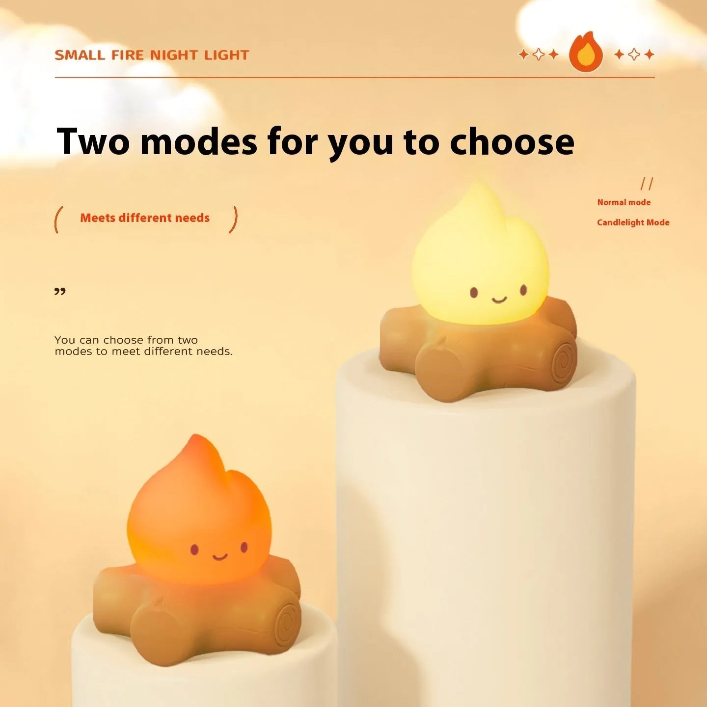 Cartoon silicone small fire pile night lamp with yellow light on a surface.