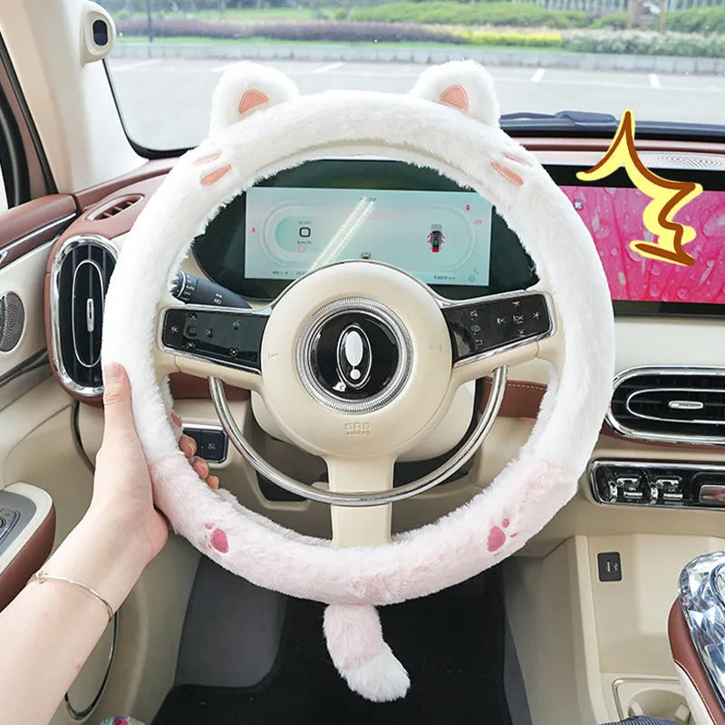 Plush cartoon animal embroidered steering wheel cover for winter, shown fitting a 38cm car steering wheel.