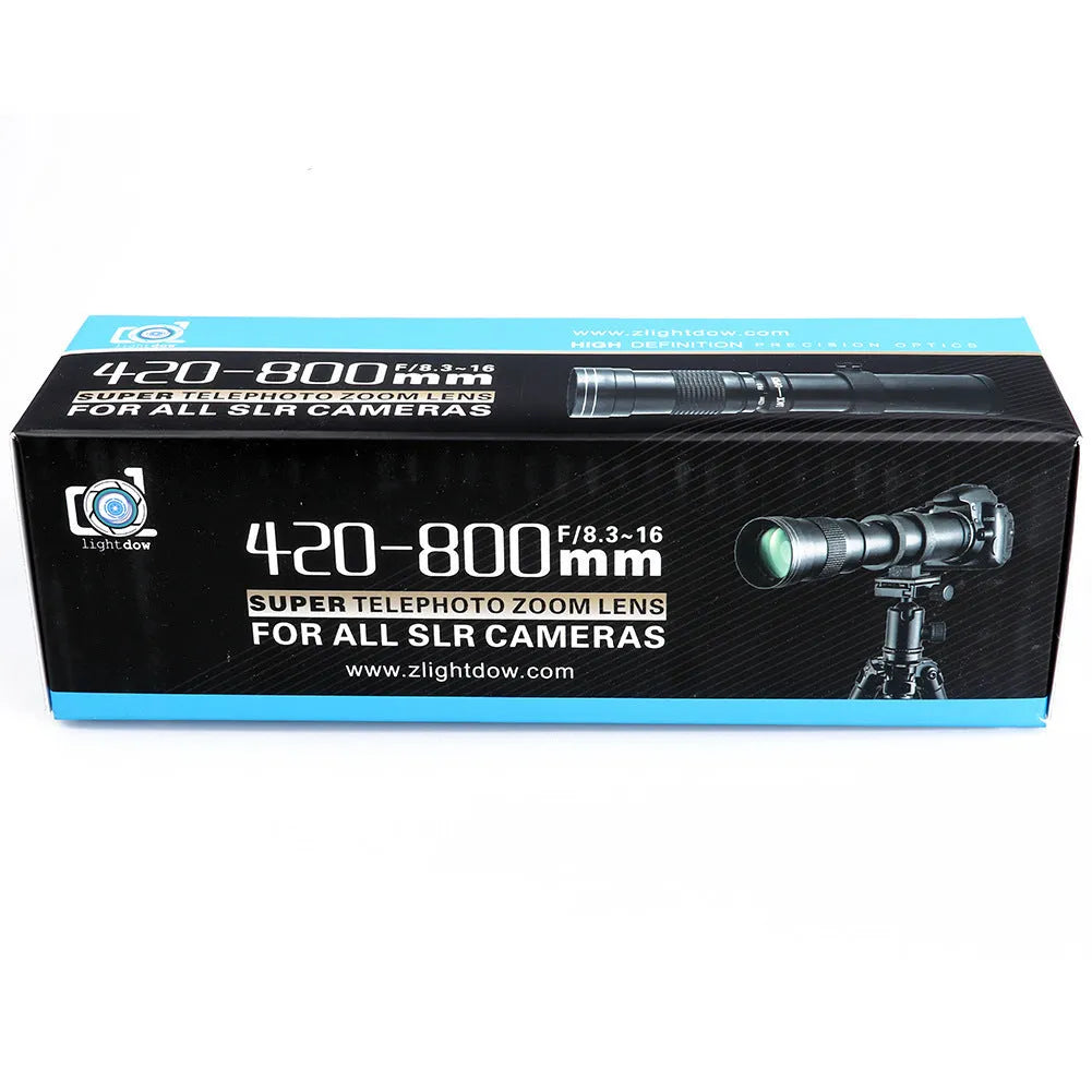420-800mm manual telephoto zoom adapter lens with collapsed and extended positions showing T-mount connection