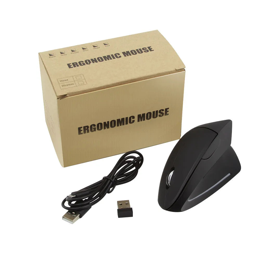 Vertical Vertical wired optical mouse in black with USB cable, six buttons, and four-way wheel on a laptop desk