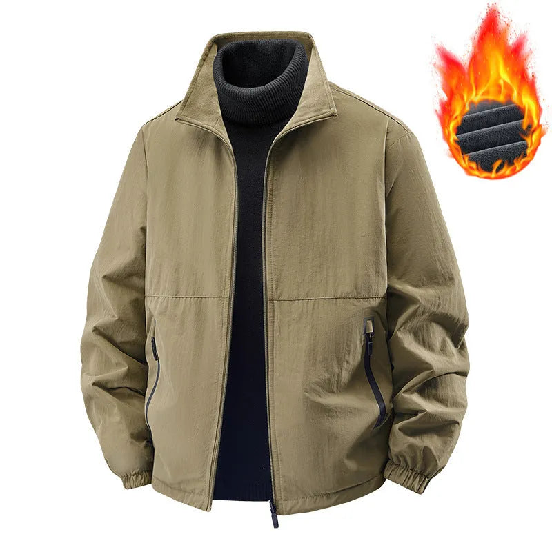 Fleece-lined nylon casual jacket coat with stand collar, loose fit, in khaki colour for middle-aged men