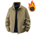 Fleece-lined nylon casual jacket coat with stand collar, loose fit, in khaki colour for middle-aged men