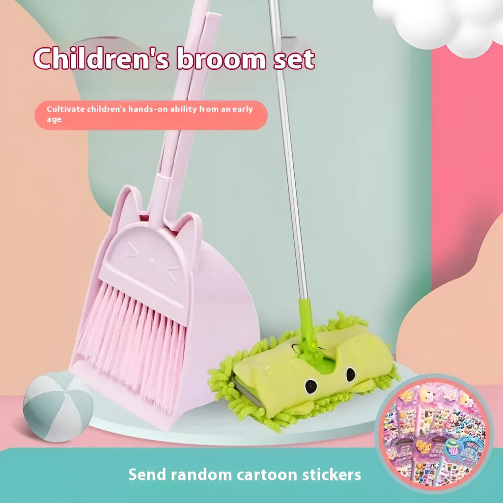 Purple broom and dustpan set with non-stick rotating brush head and integrated storage holder