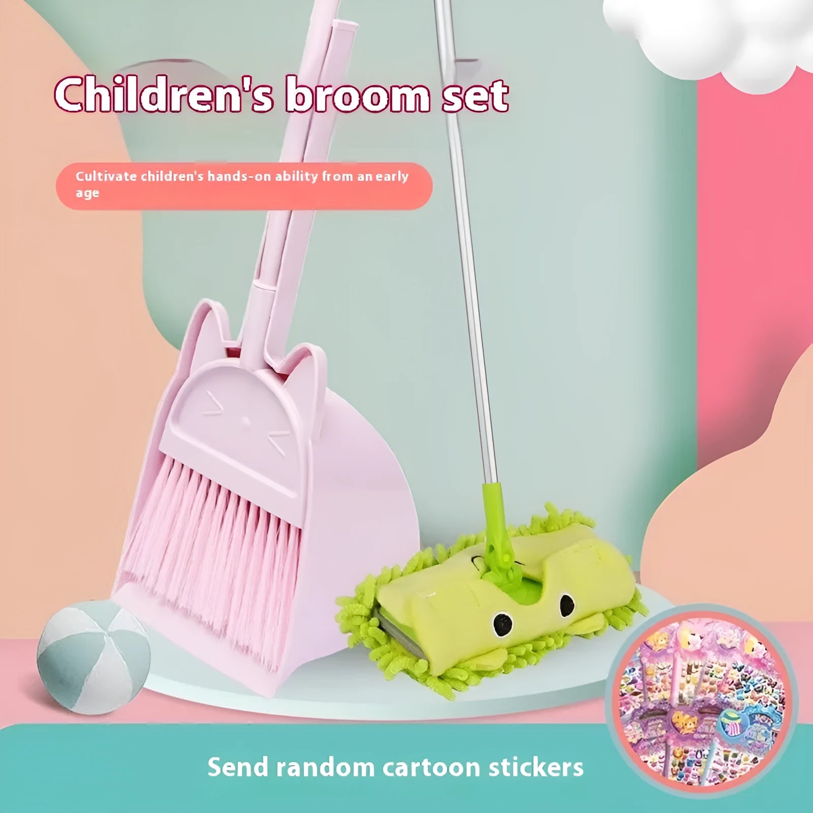 Purple broom and dustpan set with non-stick rotating brush head and integrated storage holder