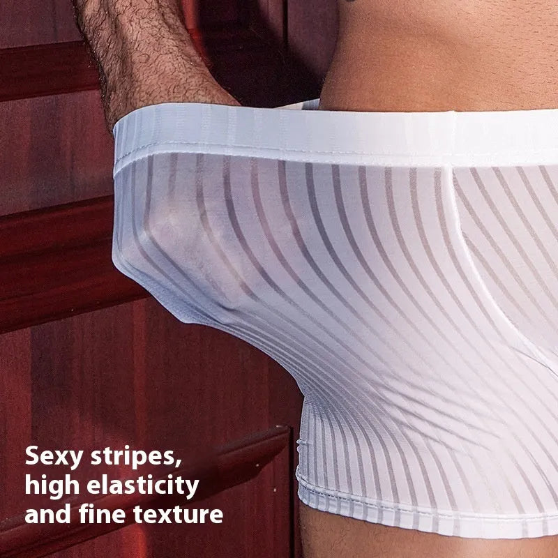 Men's black stripe boxer briefs with vertical pattern and elastic waistband