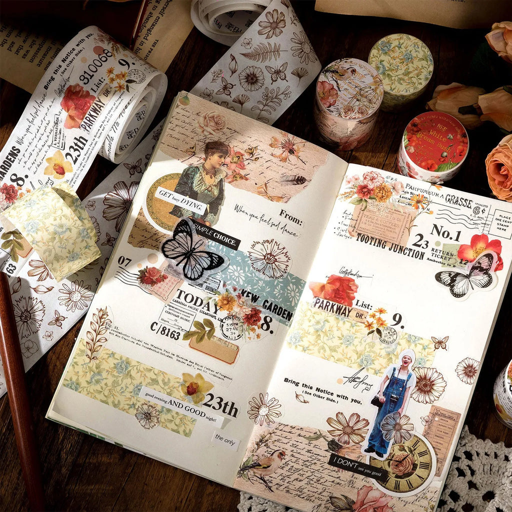 Japanese paper adhesive tape with vintage floral watercolour designs showing six colour variations