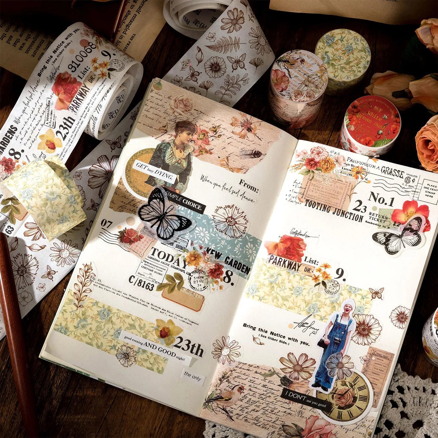 Japanese paper adhesive tape with vintage floral watercolour designs showing six colour variations