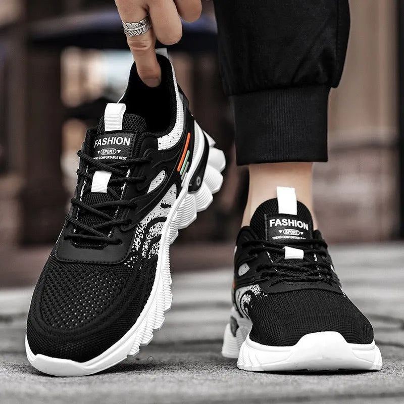 Men's white blue platform casual running shoes with mesh upper and cross shoulder straps