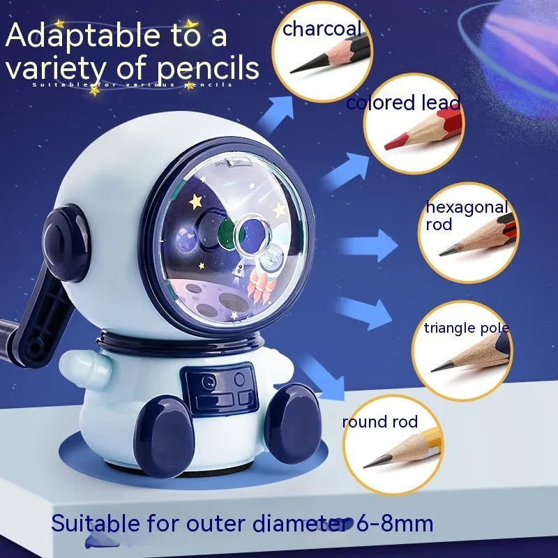 Children's cartoon astronaut manual pencil sharpener in blue or pink with anti-jam mechanism