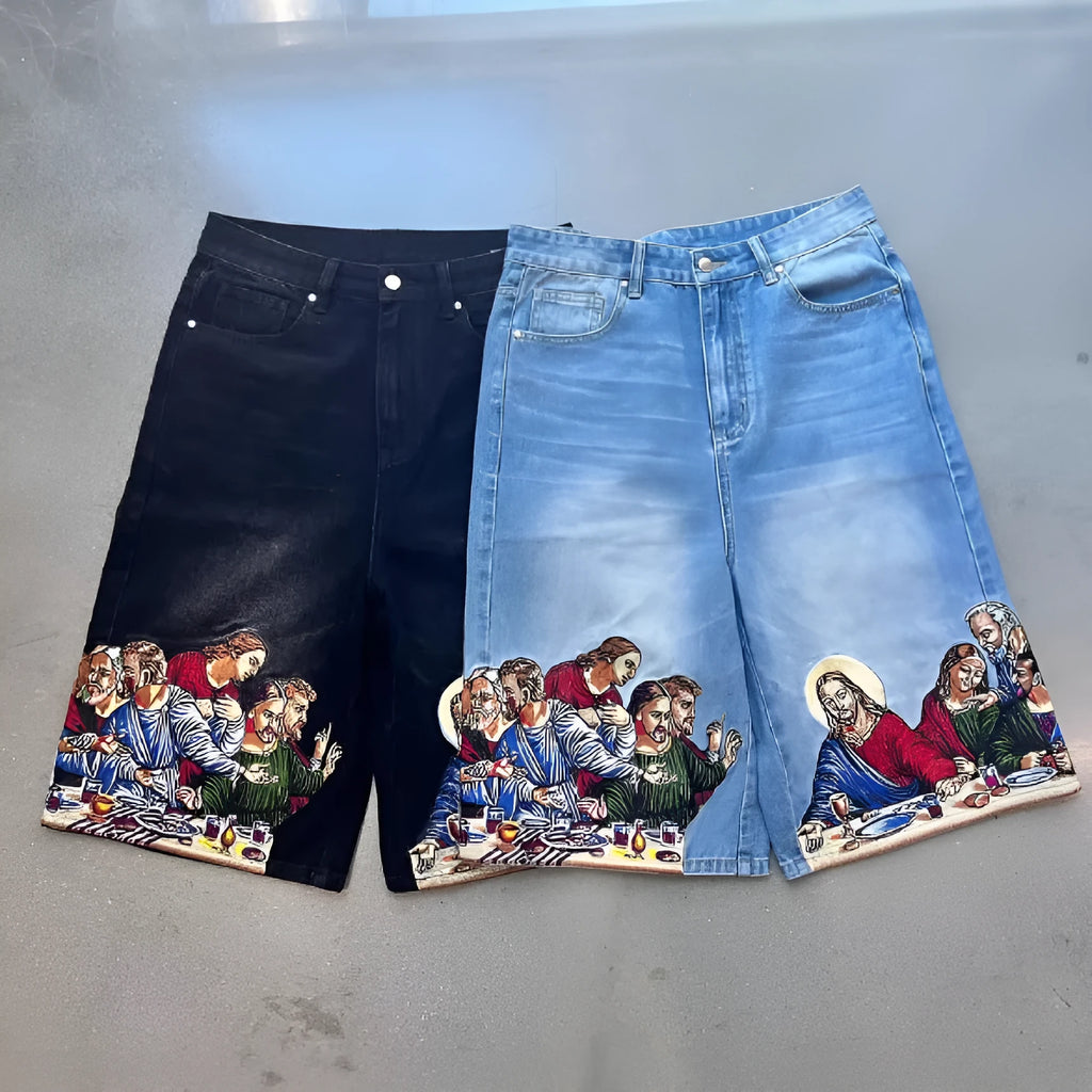 Blue men's casual cotton shorts with a Jesus design printed on the back pocket.