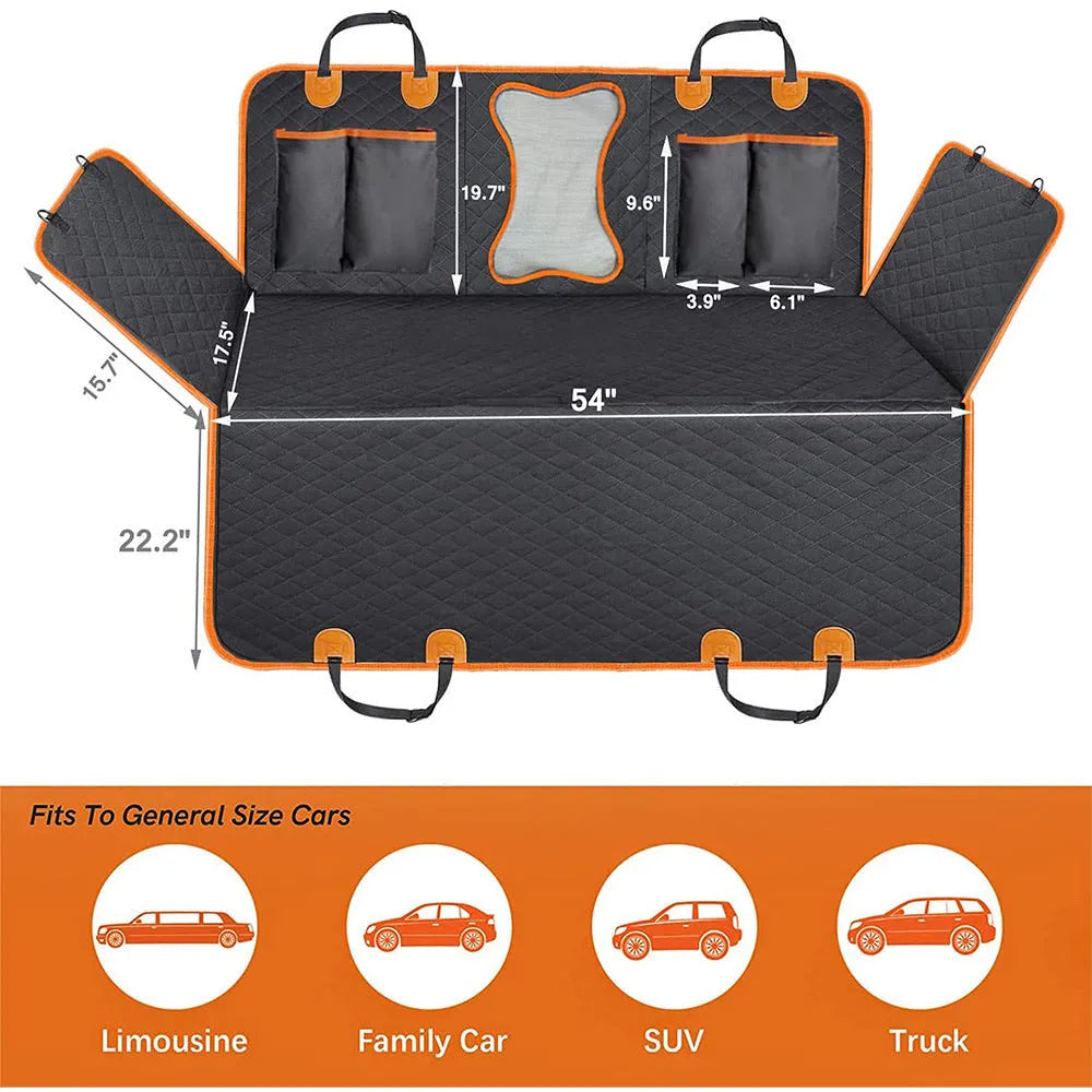 Black waterproof pet car seat cover with orange edging, shown as a hammock with mesh window