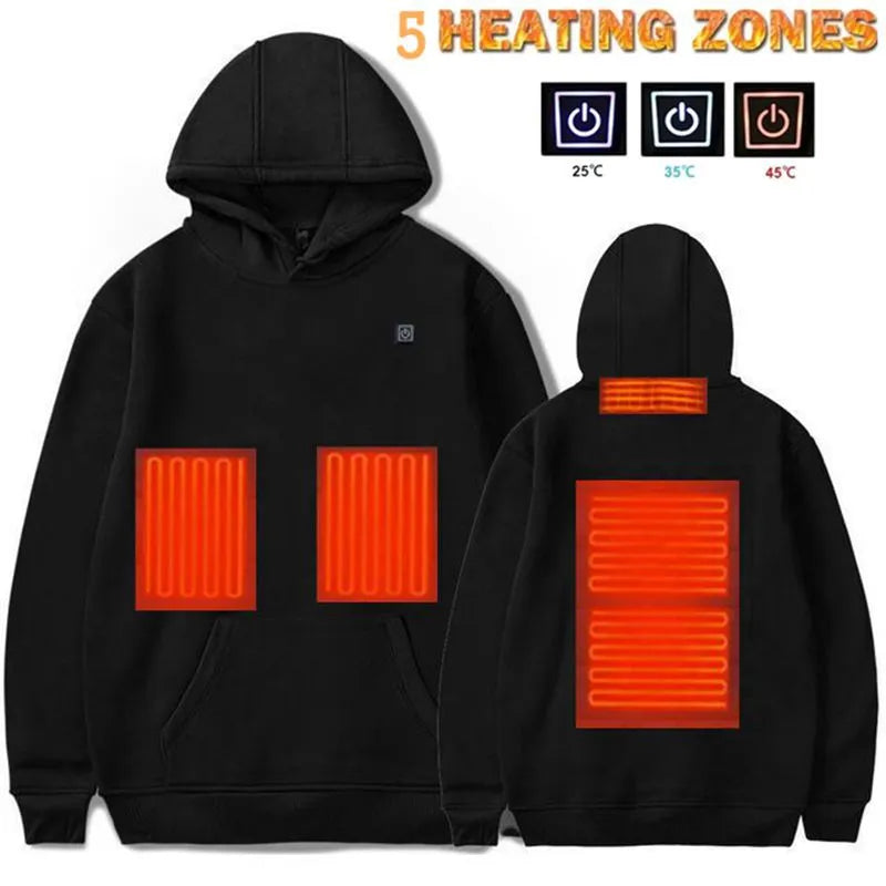Black USB heated fleece jacket for men and women with three heat levels and carbon fibre elements on a white background