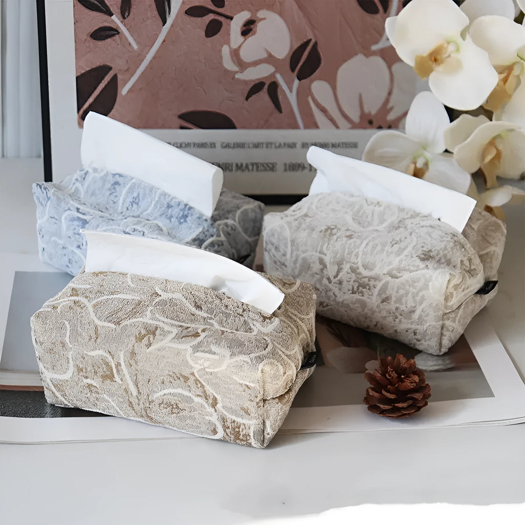 New Chinese style cotton fabric tissue box with rose floral patterns in beige, blue, or brown colour options