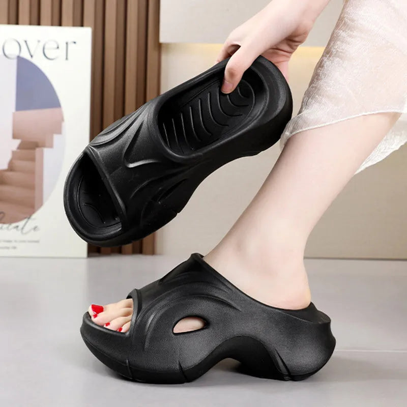 Women's thick-soled EVA beach slippers in black, white and rose red colours