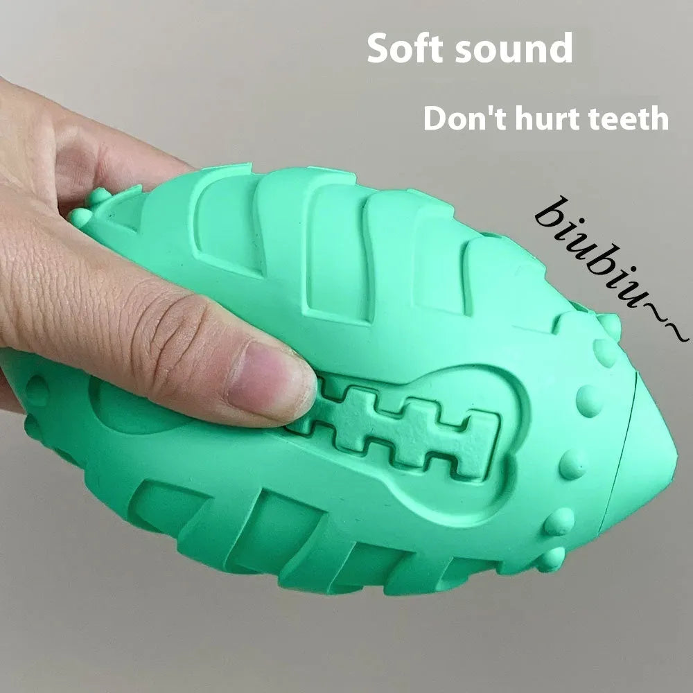 Thickened rubber bite-resistant vocal rugby ball dog toy in light green or sapphire blue colour