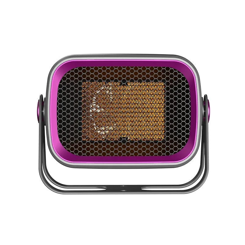 White ceramic desktop electric heater with rotatable base and push-button controls.