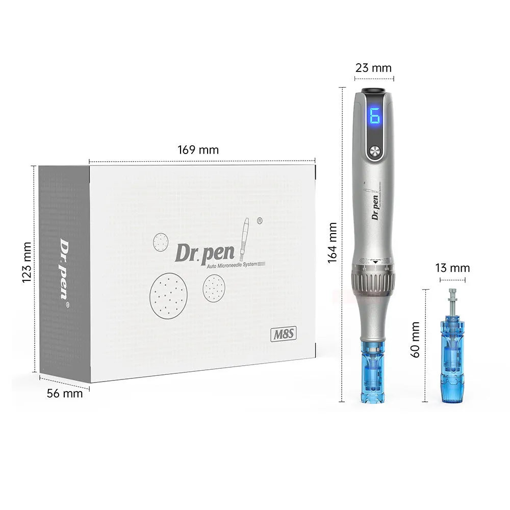 Grey wireless electric micro-needle pen with USB charging port lying on a flat surface