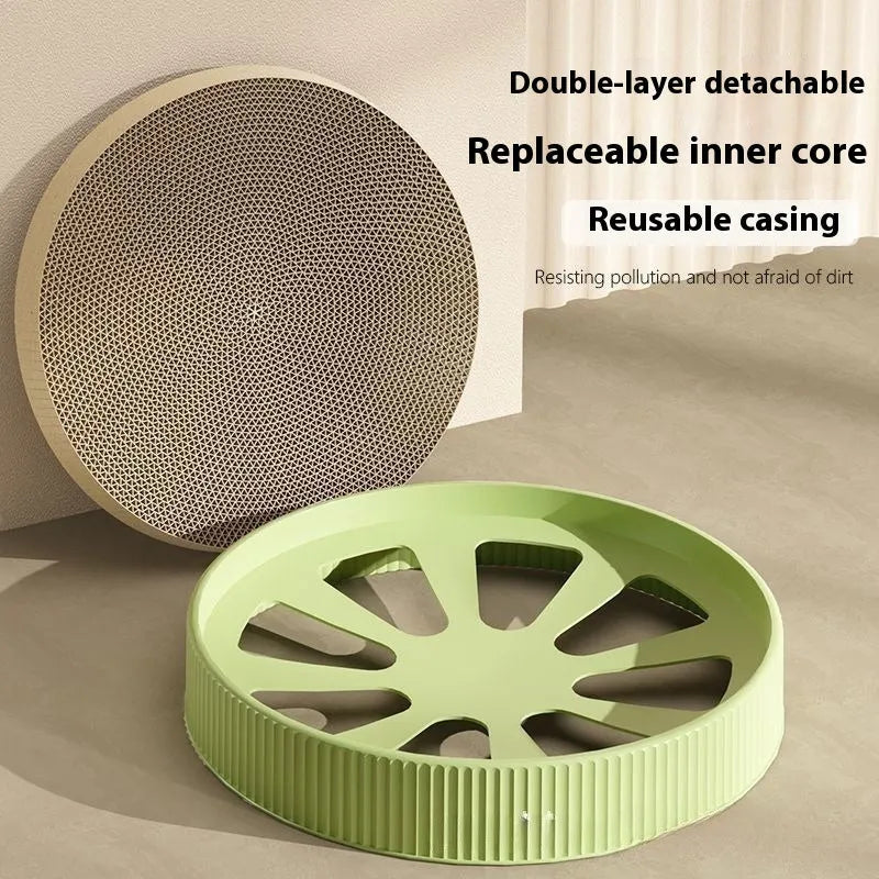 Round green cat scratching board with corrugated paper surface and two replacement packs