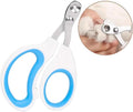 Blue pet nail clippers with circular safety-guide hole and cushioned non-slip handles.