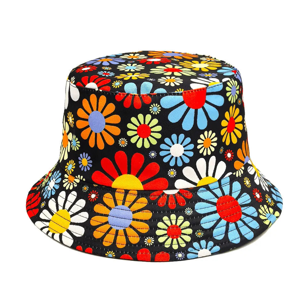 Colourful floral print polyester bucket sun hat with a dome crown, shown on a white background.