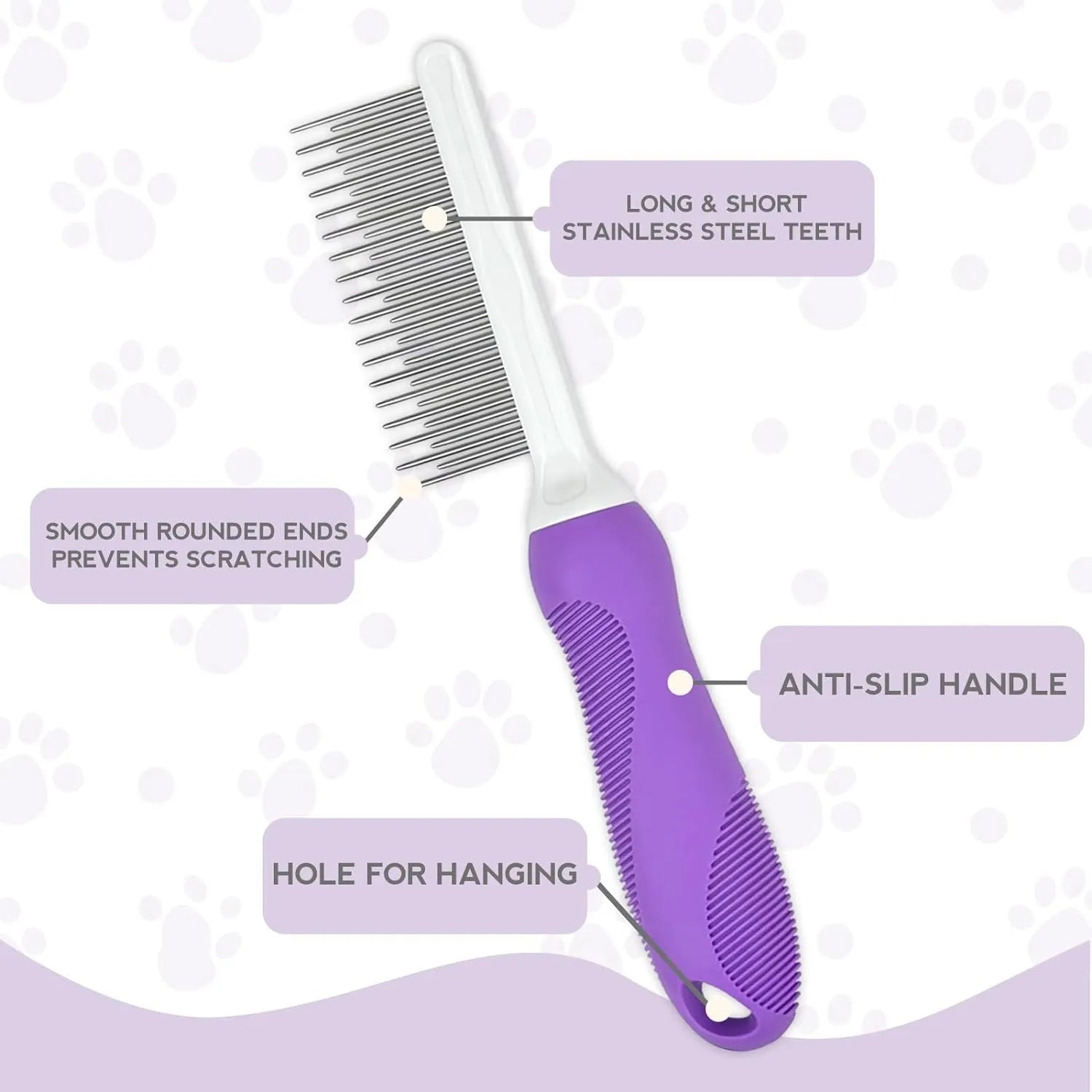 Purple pet grooming comb with stainless steel long and short teeth on an ergonomic handle.
