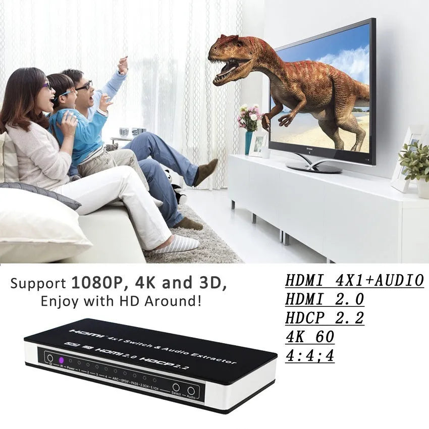 Black HDMI audio extractor switch with 4 input ports and remote control for home entertainment systems