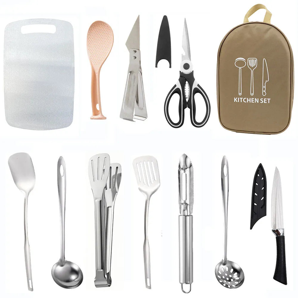 Portable 12 piece stainless steel picnic kitchenware set in storage bag for camping