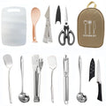 Portable 12 piece stainless steel picnic kitchenware set in storage bag for camping