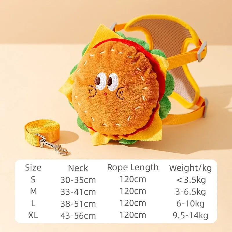 Cartoon hamburger chips design adjustable escape-proof vest leash rope for a dog.