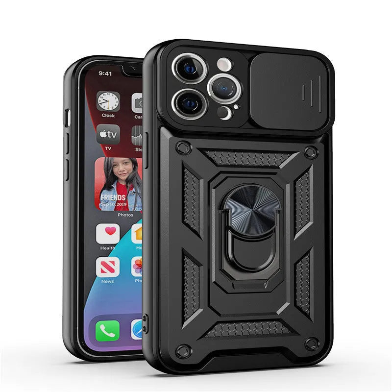 Sergeant Sliding Window magnetic iPhone case in blue, shown with the integrated bracket extended