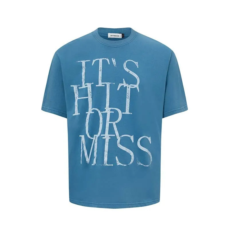 Men's blue loose fit t-shirt with American retro style letter printing on the front.