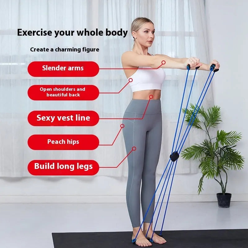 Blue and red eight-character TPR shoulder puller with cross tension device for female fitness training.