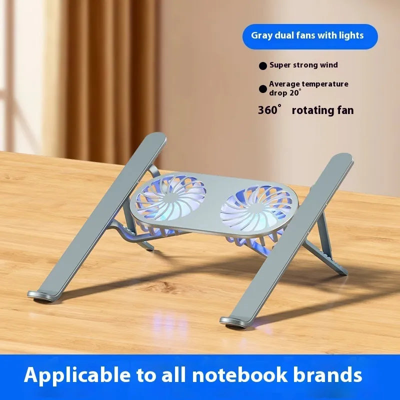Silver aluminium laptop cooling stand with twin fans in folded position beside laptop