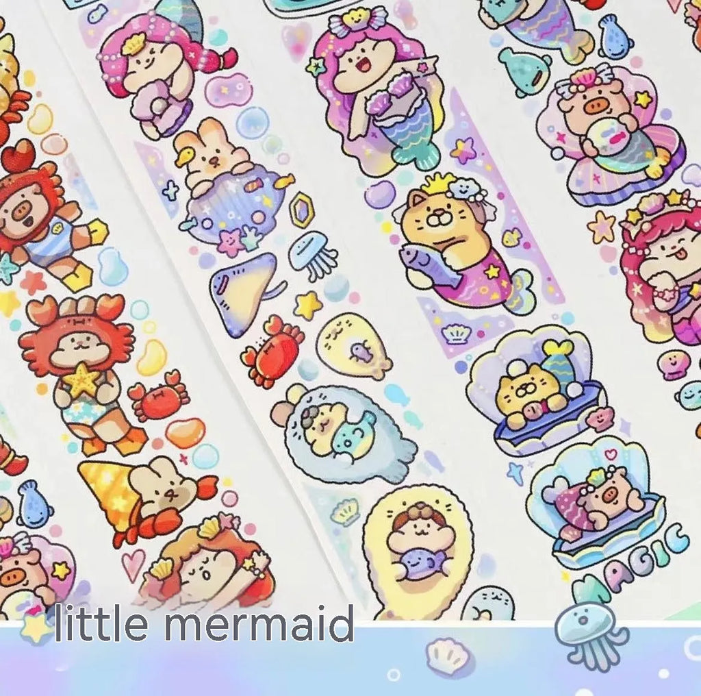Sheet of cute cartoon character stickers on Japanese paper for haemorrhoid tape packaging.
