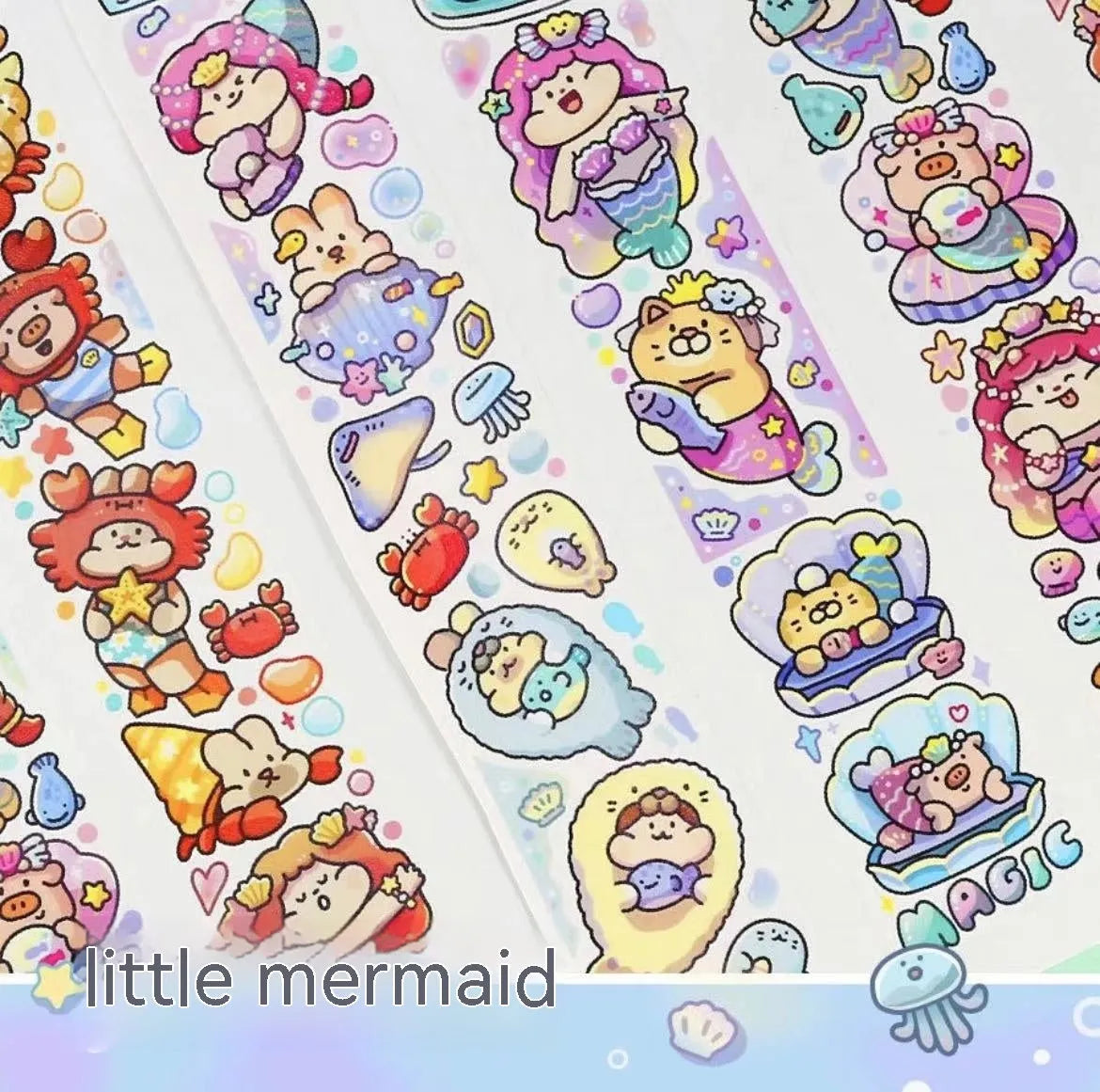 Sheet of cute cartoon character stickers on Japanese paper for haemorrhoid tape packaging.