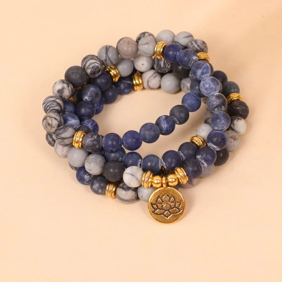 Multi-layer blue patterned network stone bead bracelet with adjustable cord closure